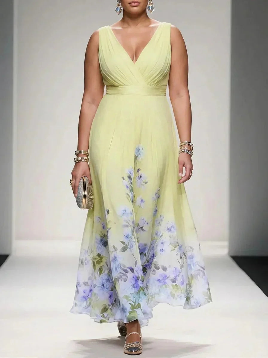 Salma | Robe Maxi Chiffon Fleurie Bleu Clair à Décolleté en V