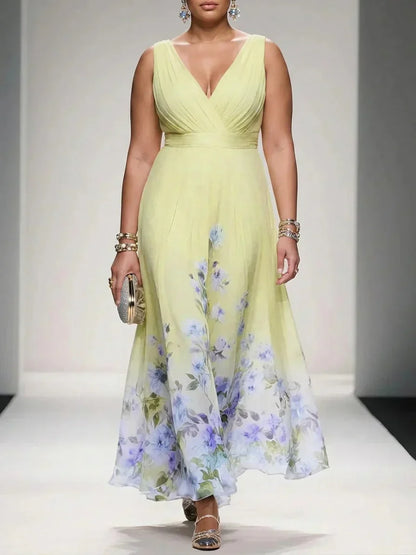 Salma | Robe Maxi Chiffon Fleurie Bleu Clair à Décolleté en V