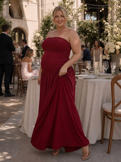 Clemence | Robe midi à corsage froncé sans bretelles