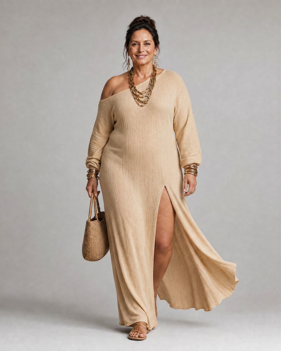 Magnolia | Robe Midi Fluide à Épaule Dénudée avec Fente Latérale