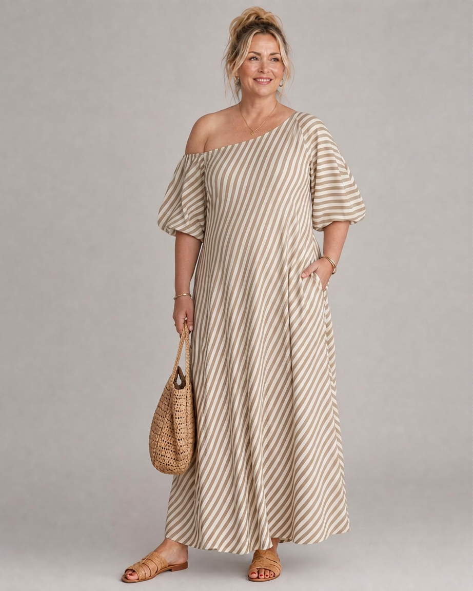 Seraphina | Robe Midi à Manches Bouffantes et Épaules Dégagées Rayée
