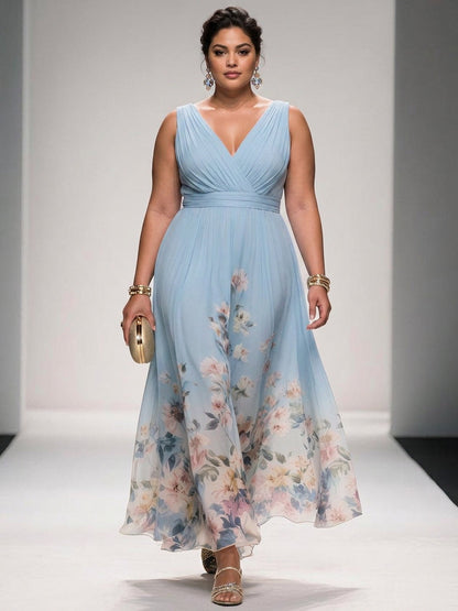 Salma | Robe Maxi Chiffon Fleurie Bleu Clair à Décolleté en V