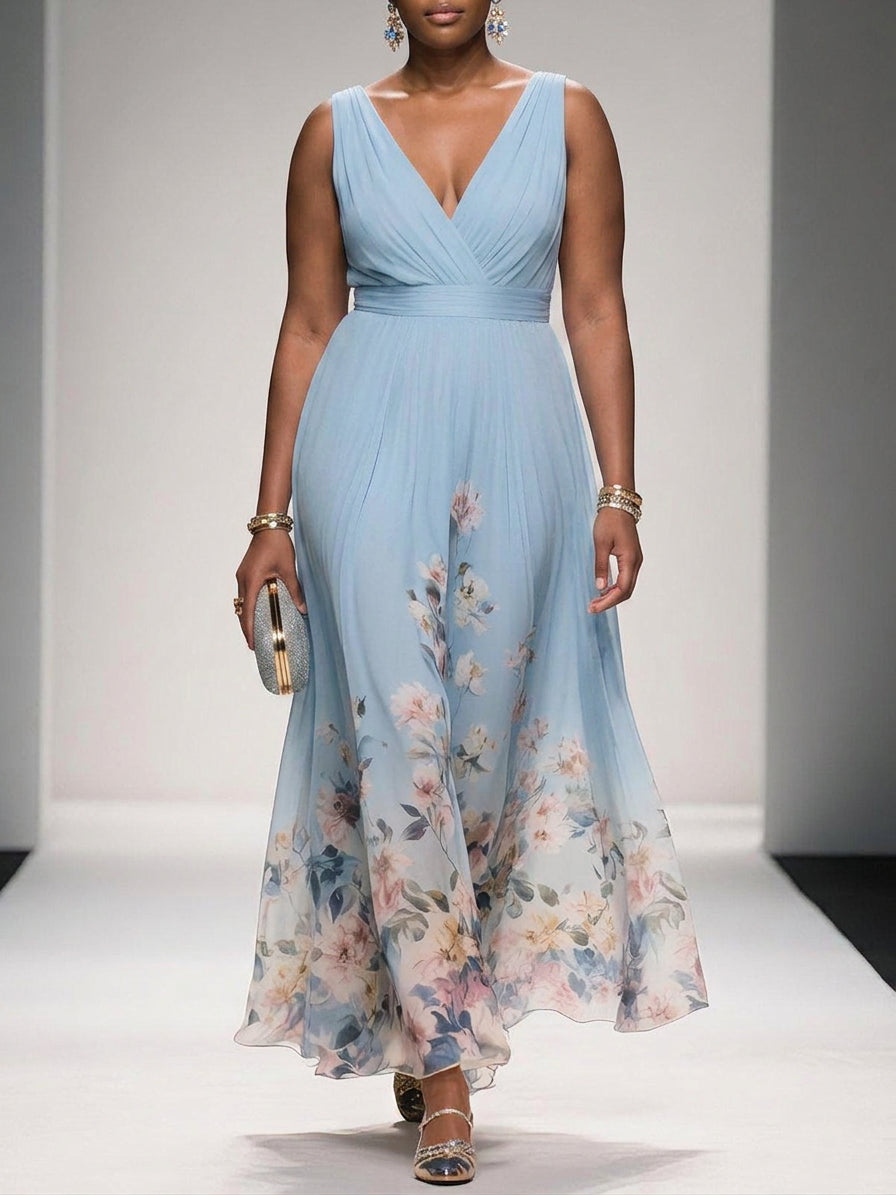 Salma | Robe Maxi Chiffon Fleurie Bleu Clair à Décolleté en V