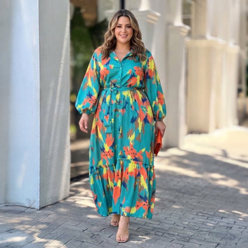 Robe Maxi à Revers Imprimée Jolie : Élégance Vintage Flottante