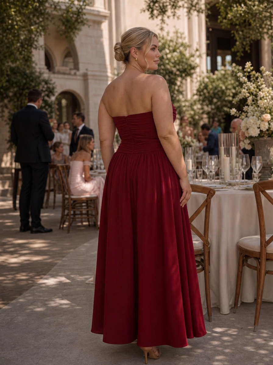 Clemence | Robe midi à corsage froncé sans bretelles