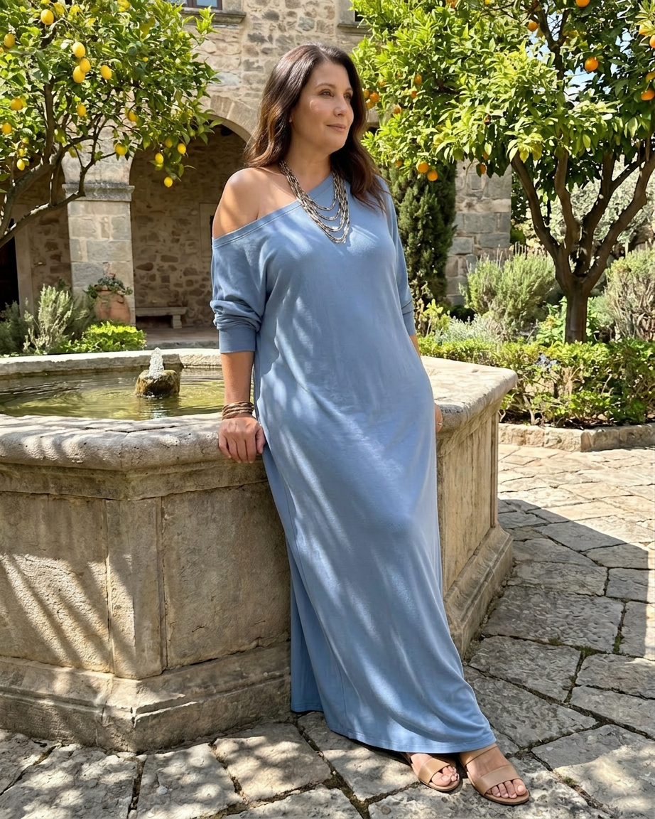 Magnolia | Robe Midi Fluide à Épaule Dénudée avec Fente Latérale