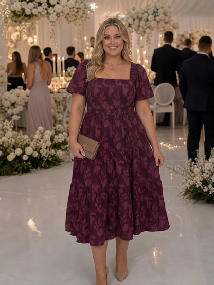 Belen | Robe Midi à Détail Floral Texturé à Manches Courtes
