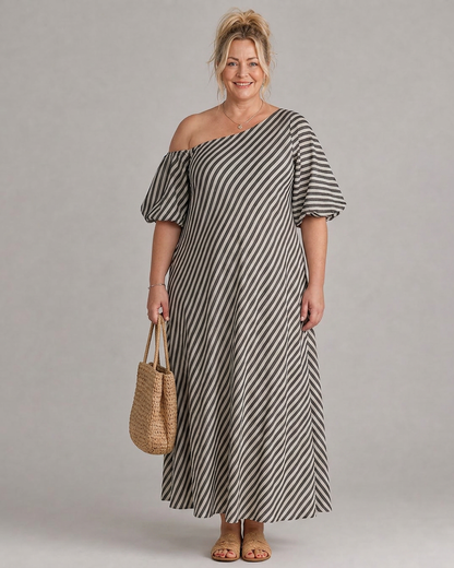 Seraphina | Robe Midi à Manches Bouffantes et Épaules Dégagées Rayée