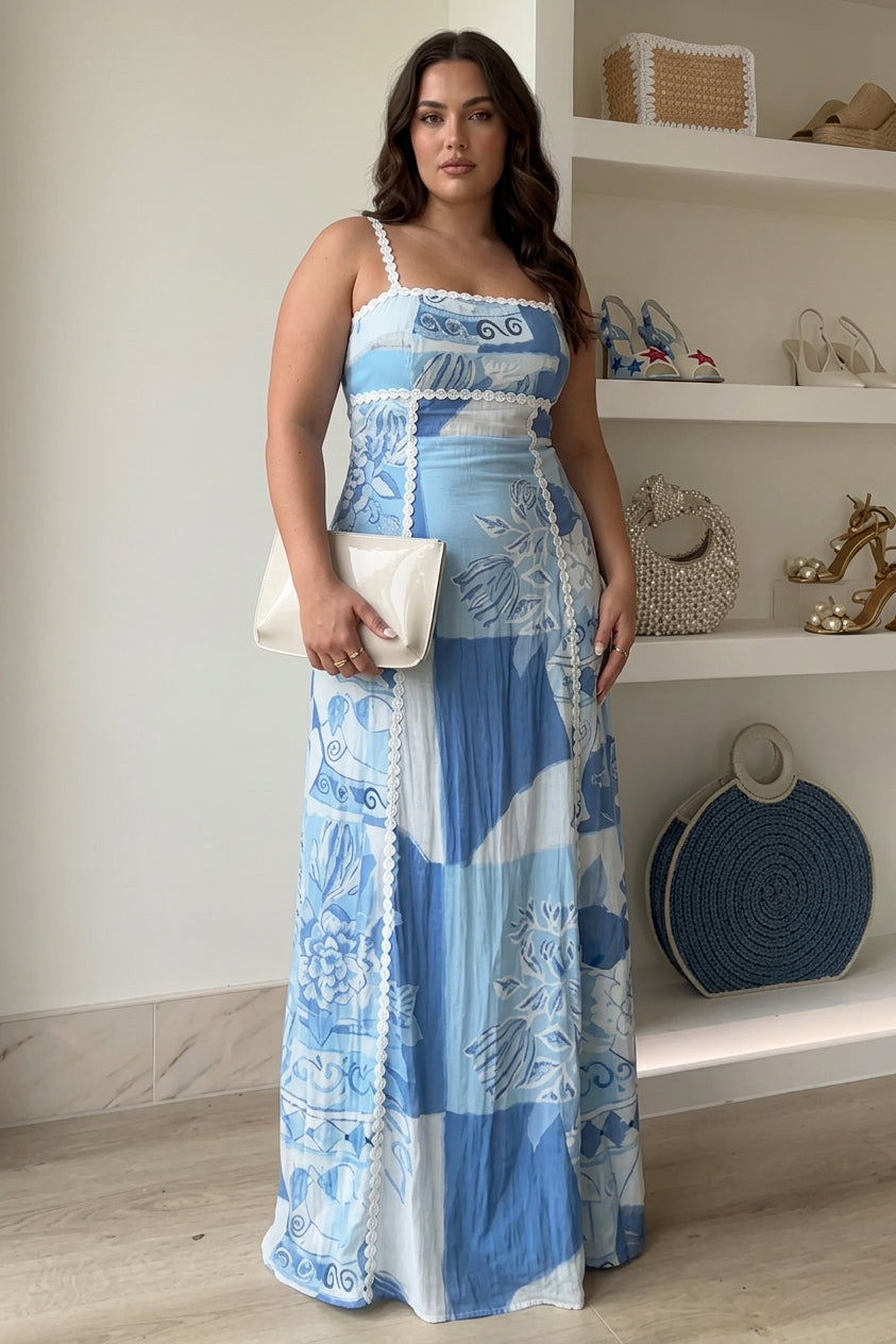 Mira | Robe Maxi Imprimée avec Nœud au Dos en Ric Rac