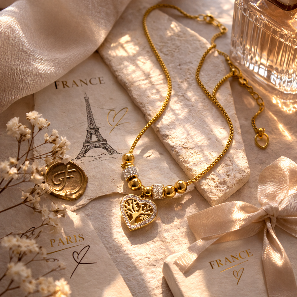 Collier ras de cou perlé Cœur Arbre de Vie