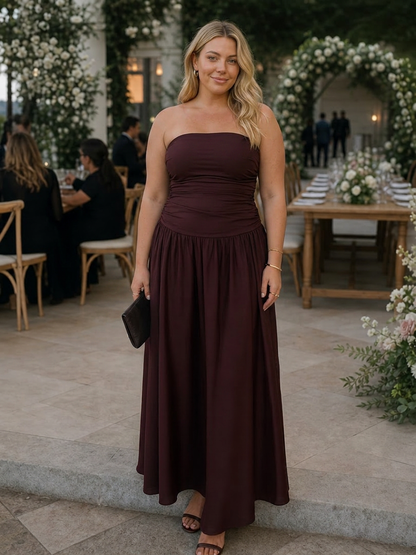 Clemence | Robe midi à corsage froncé sans bretelles