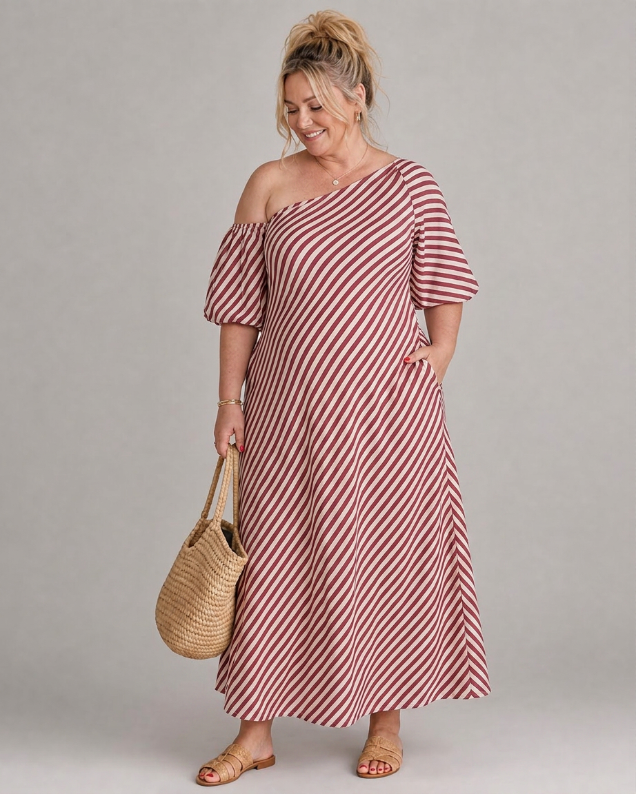 Seraphina | Robe Midi à Manches Bouffantes et Épaules Dégagées Rayée