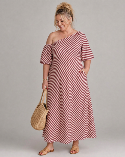 Seraphina | Robe Midi à Manches Bouffantes et Épaules Dégagées Rayée