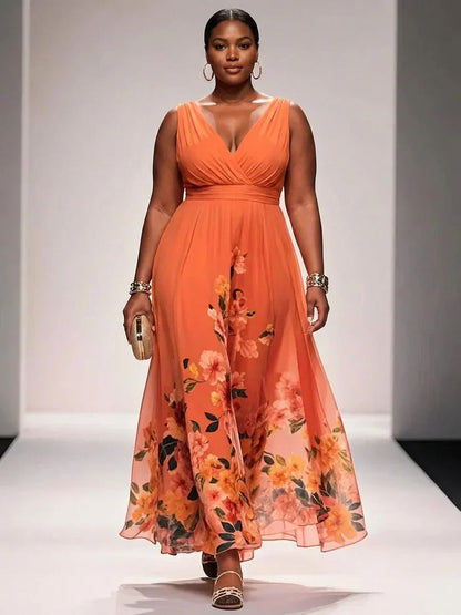 Salma | Robe Maxi Chiffon Fleurie Bleu Clair à Décolleté en V