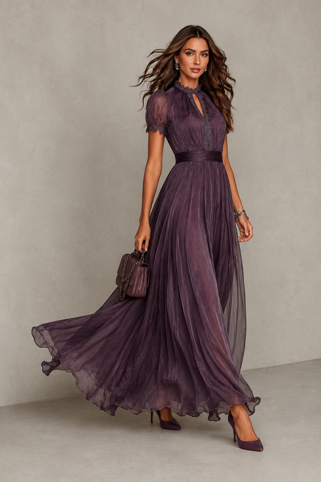 Adeline | Robe Maxi Plissée avec Détail en Dentelle