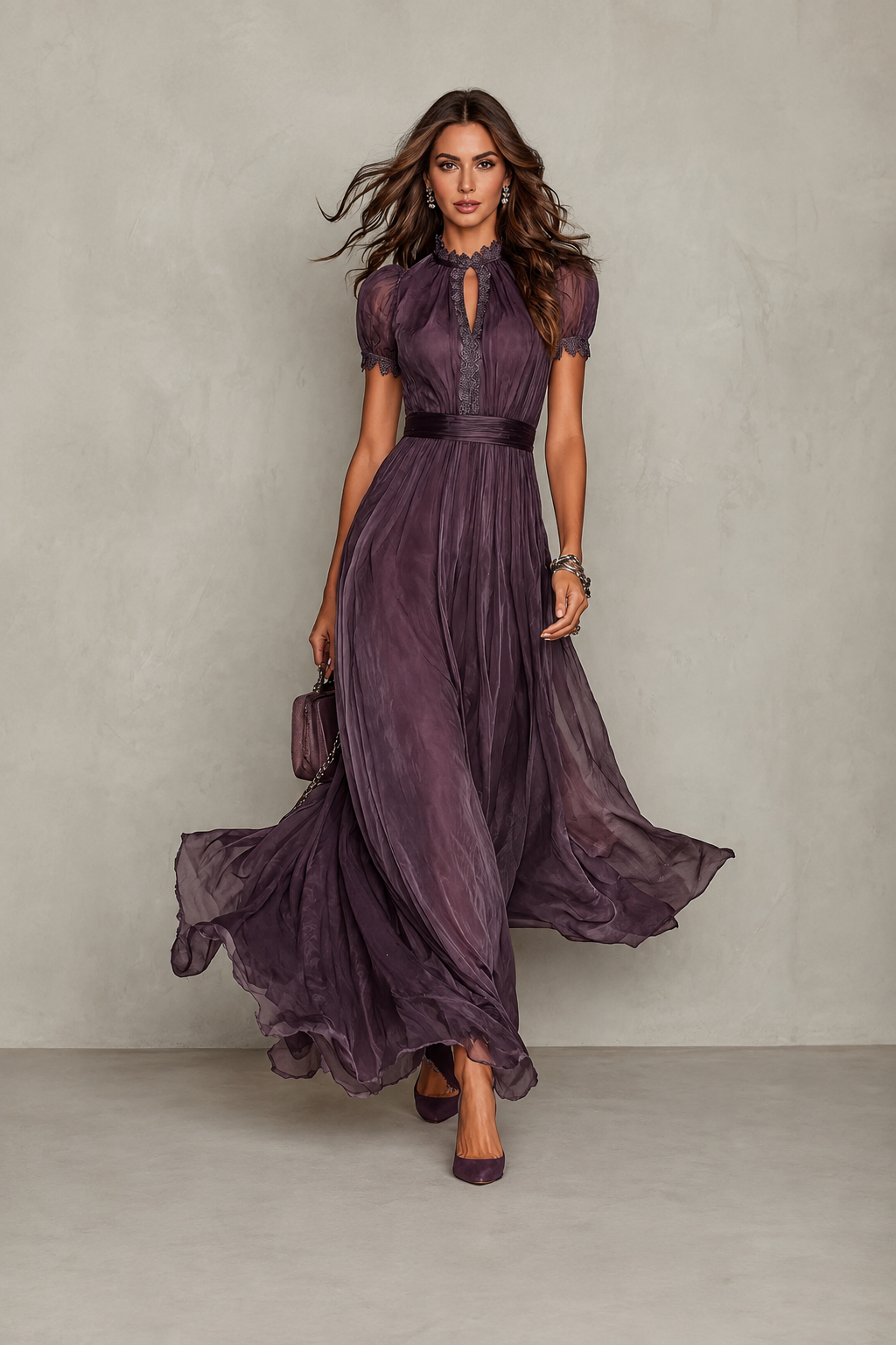 Adeline | Robe Maxi Plissée avec Détail en Dentelle
