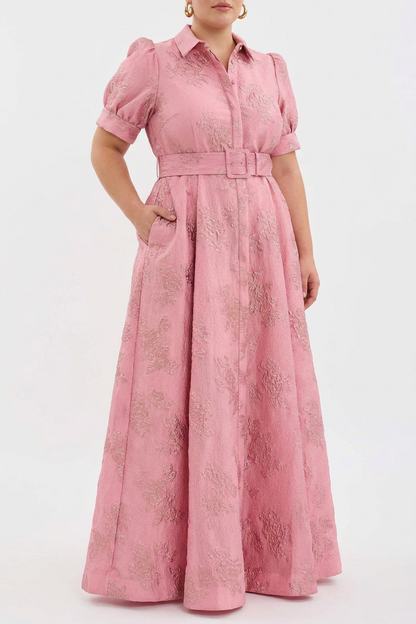 Sunniva | Robe Maxi Chemise Ceinturée Rose en Jacquard pour Femmes