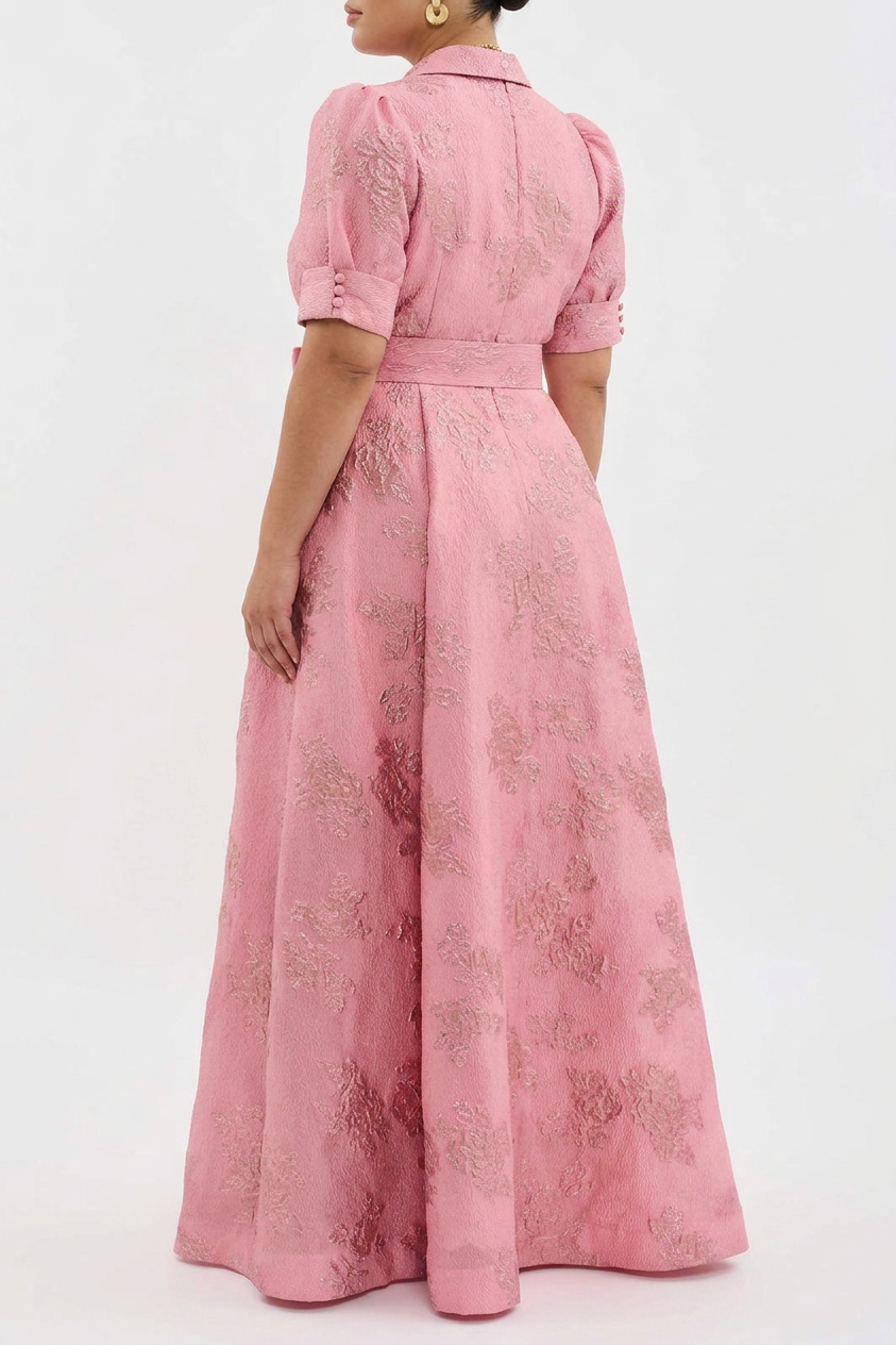 Sunniva | Robe Maxi Chemise Ceinturée Rose en Jacquard pour Femmes