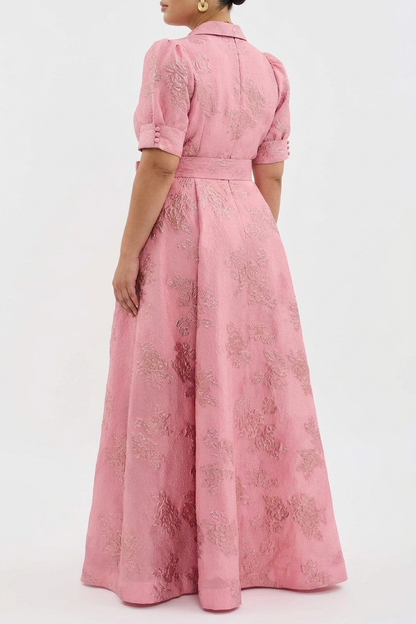 Sunniva | Robe Maxi Chemise Ceinturée Rose en Jacquard pour Femmes