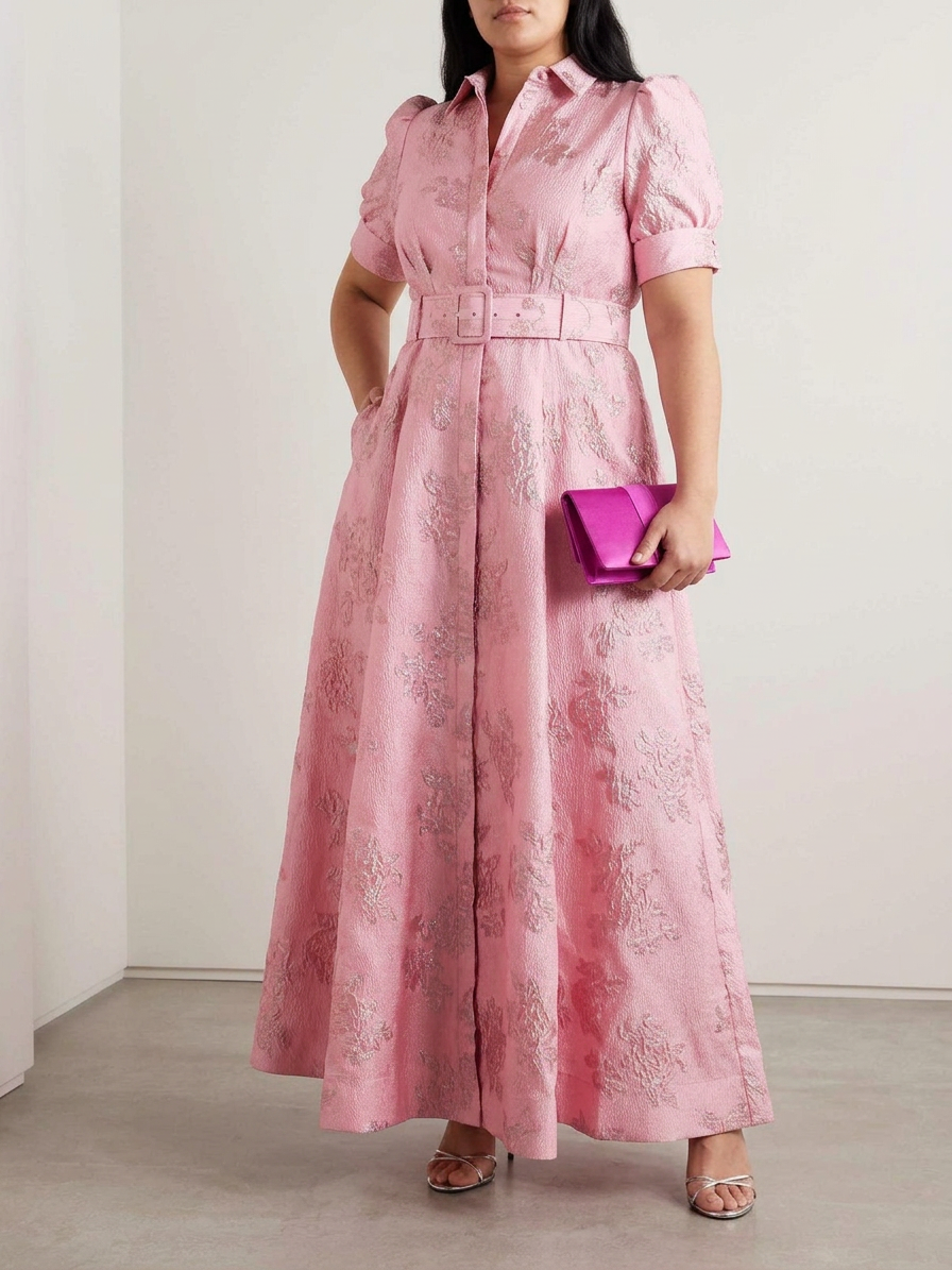 Sunniva | Robe Maxi Chemise Ceinturée Rose en Jacquard pour Femmes