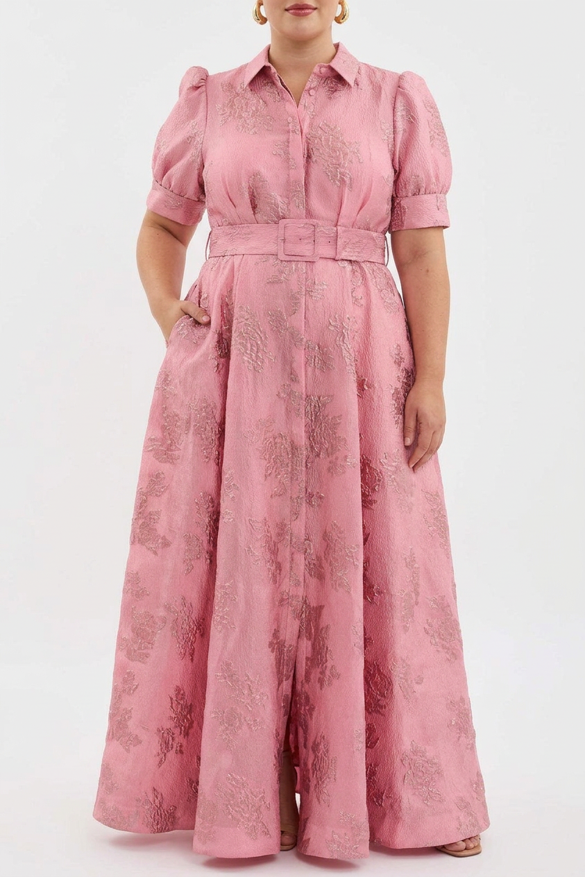 Sunniva | Robe Maxi Chemise Ceinturée Rose en Jacquard pour Femmes