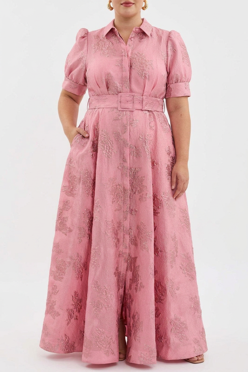 Sunniva | Robe Maxi Chemise Ceinturée Rose en Jacquard pour Femmes