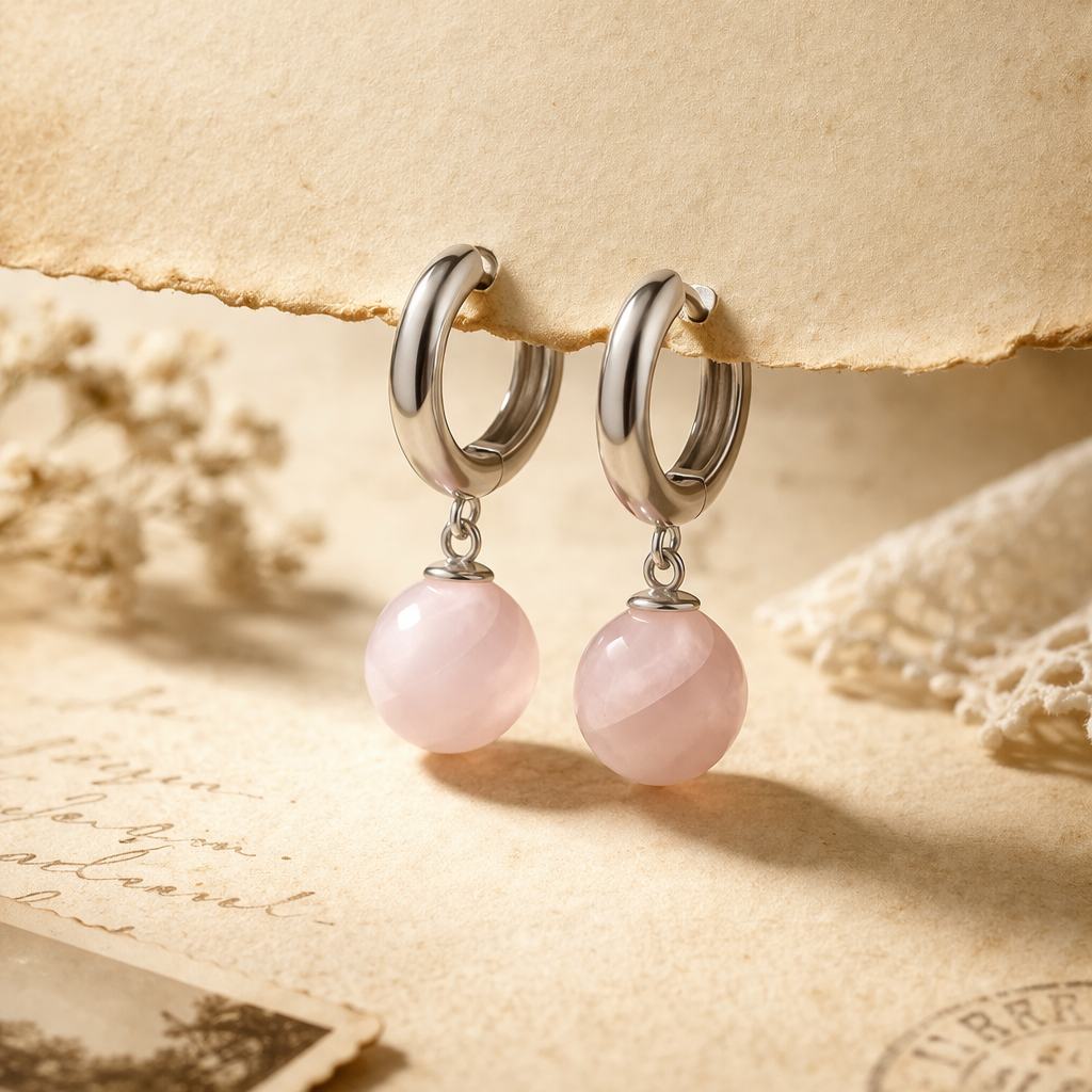 Boucles d’Oreilles Créoles Quartz Rose