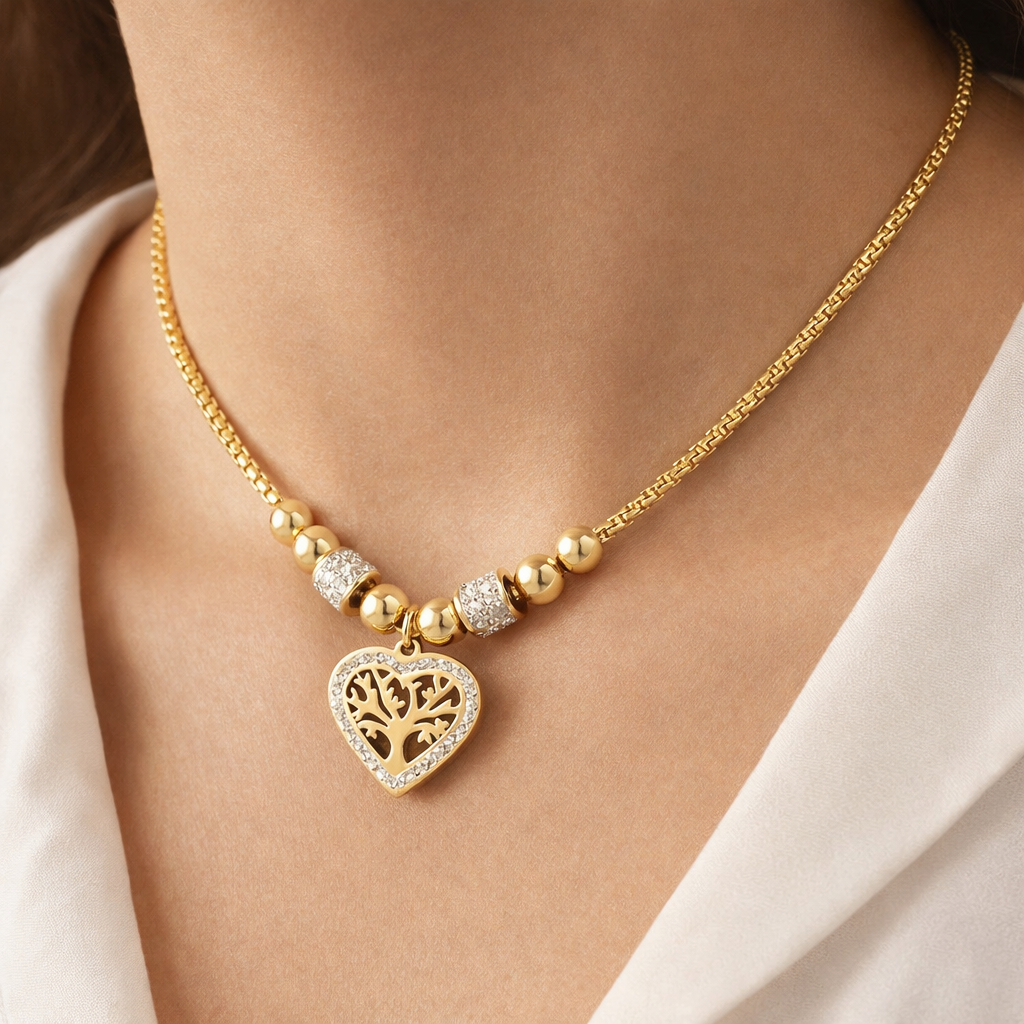 Collier ras de cou perlé Cœur Arbre de Vie