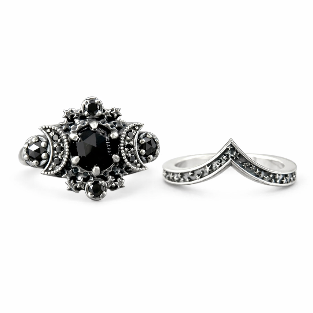 Bague Triple Lune Pierres Noires