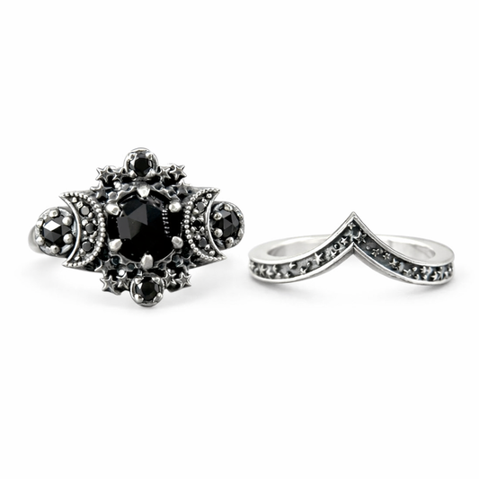 Bague Triple Lune Pierres Noires