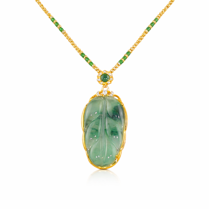 Collier Feuille en Naturelle Jade Vert