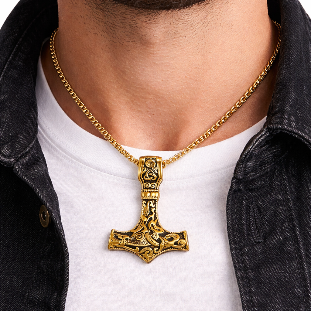 Collier Mjölnir doré gravé