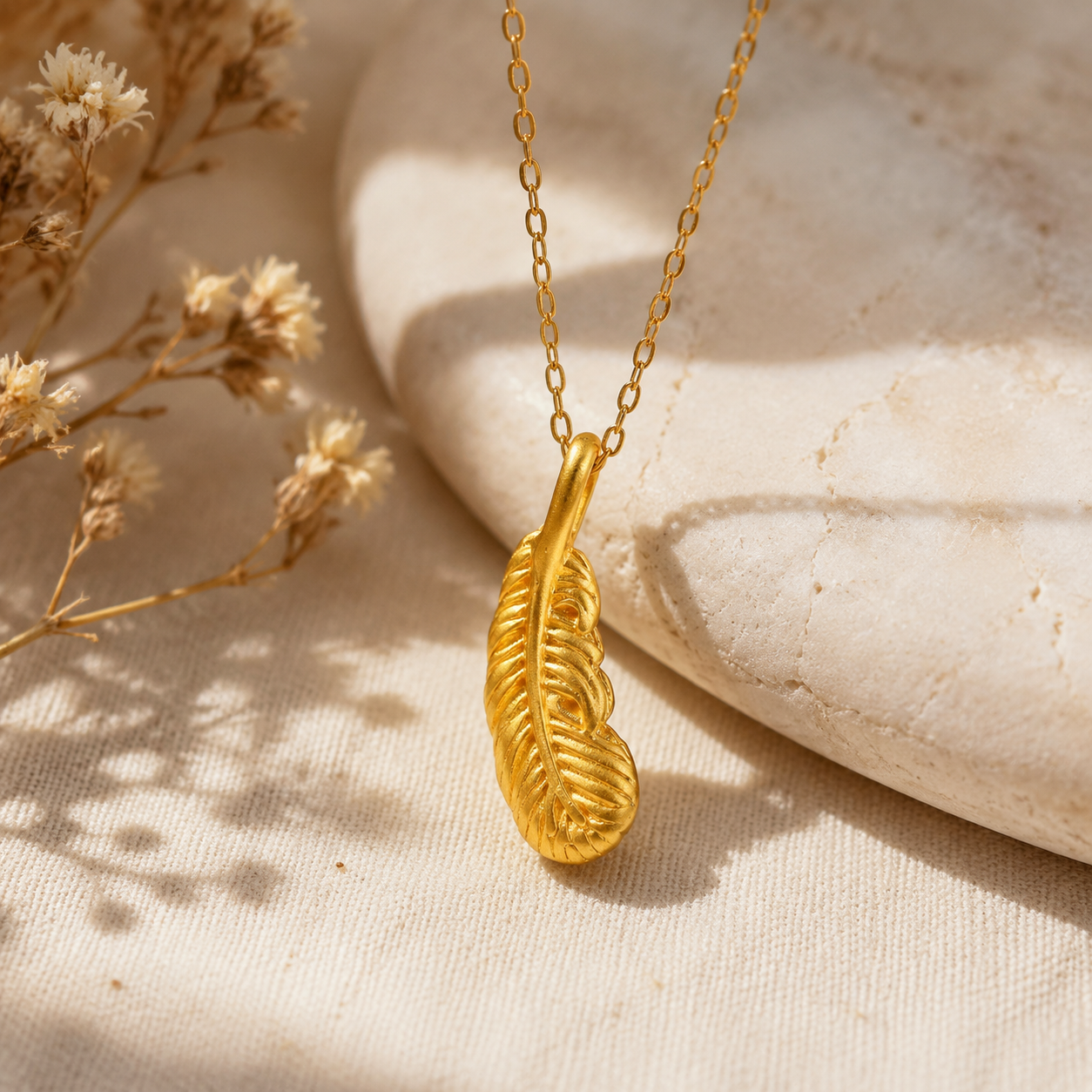 Collier pendentif plume dorée