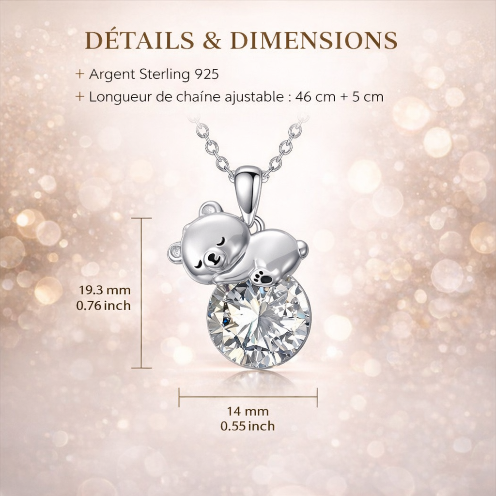 Collier Ours Cristal Argent Sterling Élégant