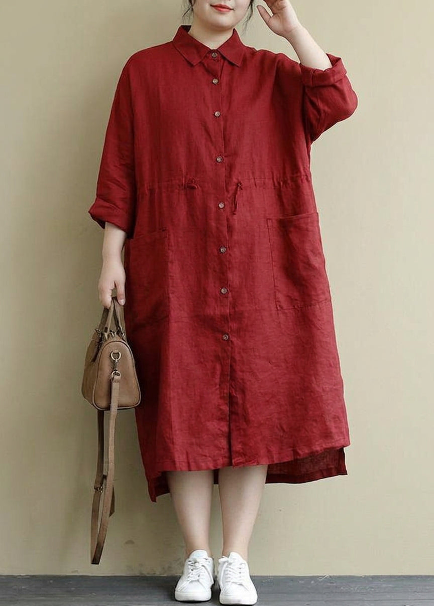 Isolde - Robe Chemise en Lin Rouge Décontractée Oversize Maxi Printemps