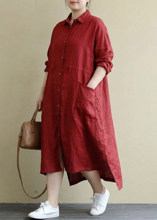 Isolde - Robe Chemise en Lin Rouge Décontractée Oversize Maxi Printemps