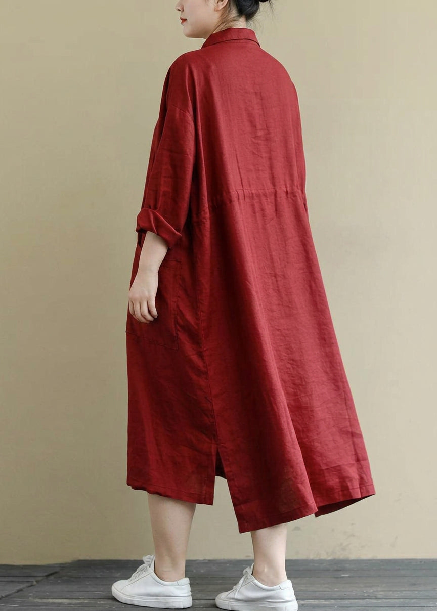 Isolde - Robe Chemise en Lin Rouge Décontractée Oversize Maxi Printemps
