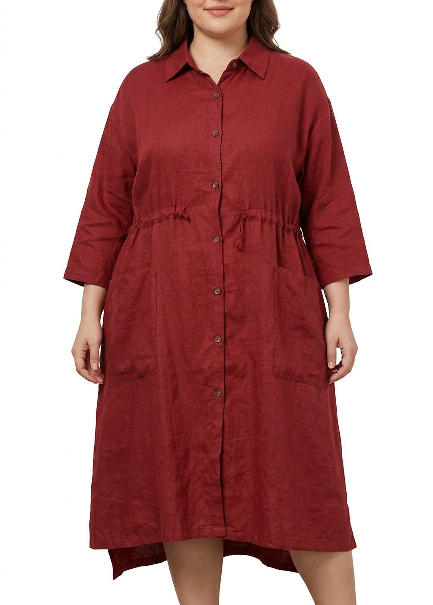 Isolde - Robe Chemise en Lin Rouge Décontractée Oversize Maxi Printemps