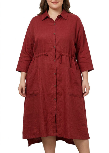 Isolde - Robe Chemise en Lin Rouge Décontractée Oversize Maxi Printemps