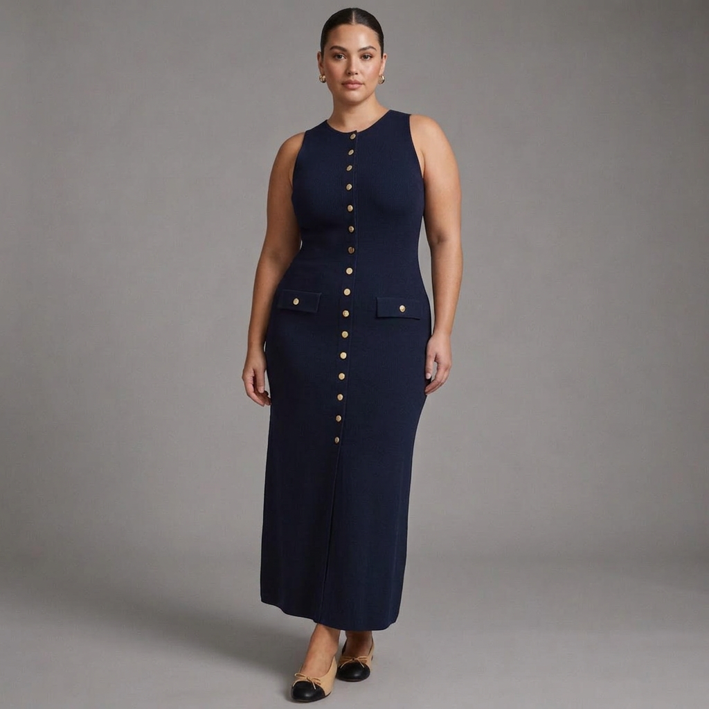 Quinn – Robe maxi en tricot ajustée sans manches avec boutons