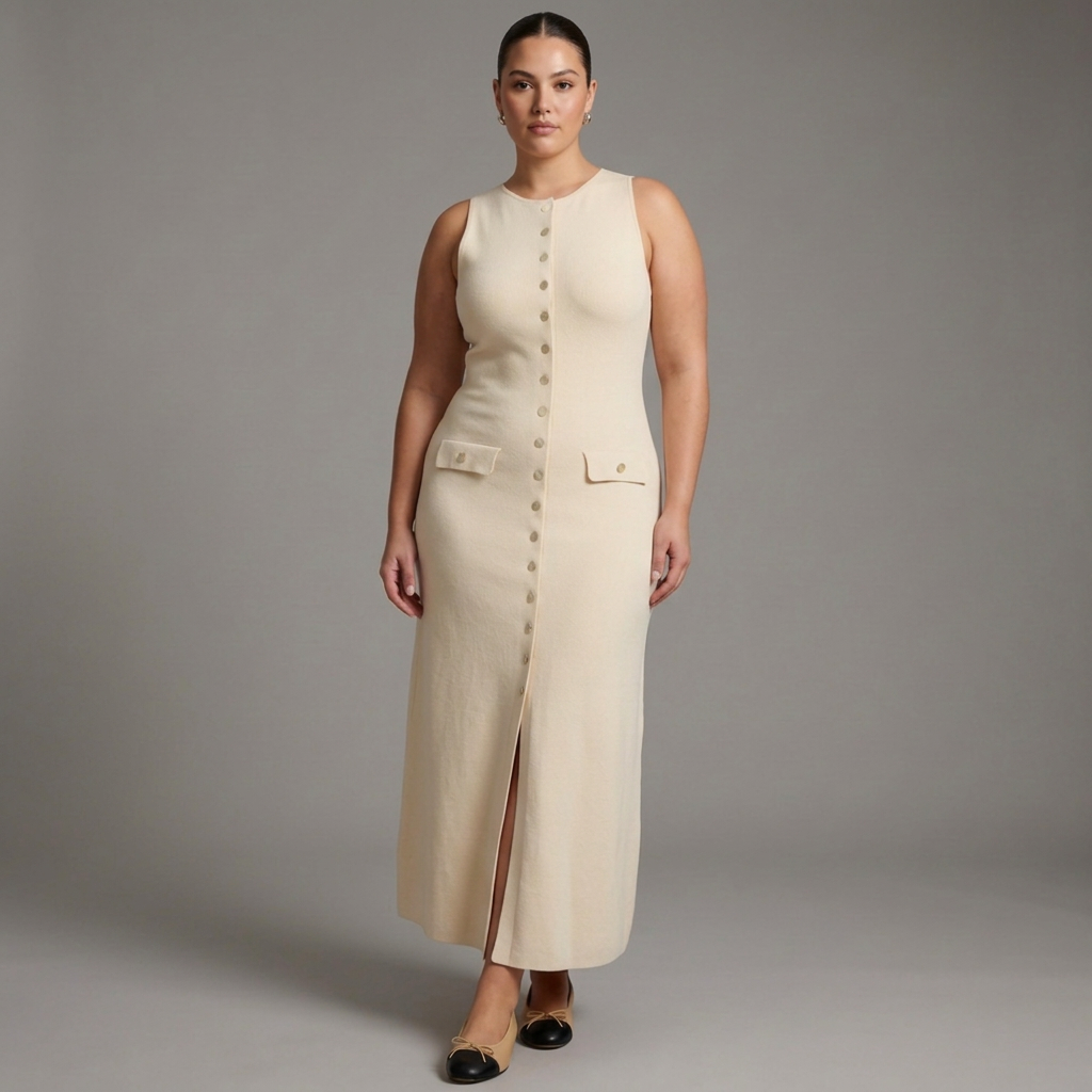 Quinn – Robe maxi en tricot ajustée sans manches avec boutons