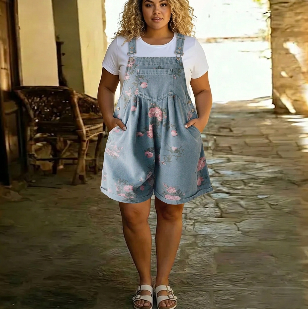 Solene | Combinaison florale en denim vintage lavé et doux au toucher