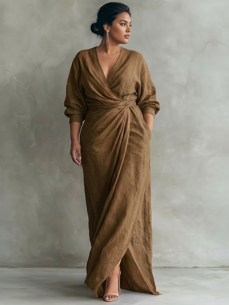 Robe Maxi Minimaliste Rose avec Décolleté en V pour Femmes