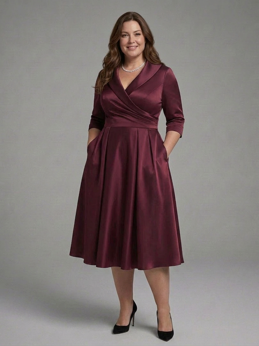 Cataleya | Robe Midi avec Décolleté Croisé et Manches Trois Quarts