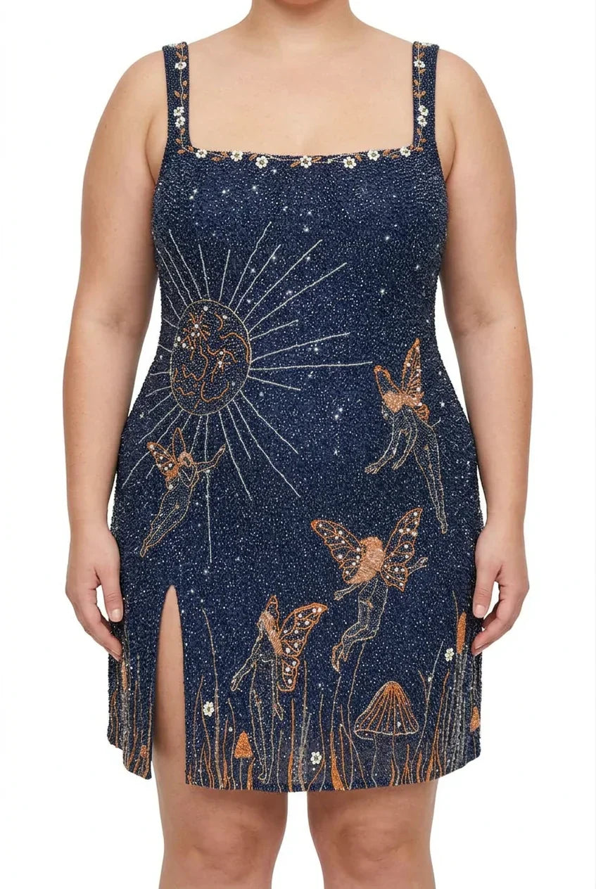 Eira – Robe Mini à Perles Bleu Nuit