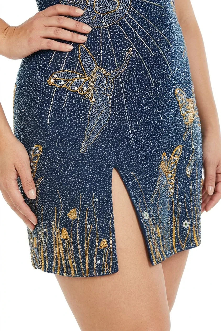 Eira – Robe Mini à Perles Bleu Nuit