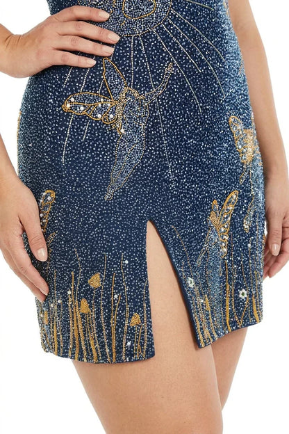 Eira – Robe Mini à Perles Bleu Nuit