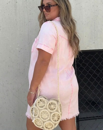 Nadia | Robe Mini à Manches Courtes en Lin avec Col et Boutons