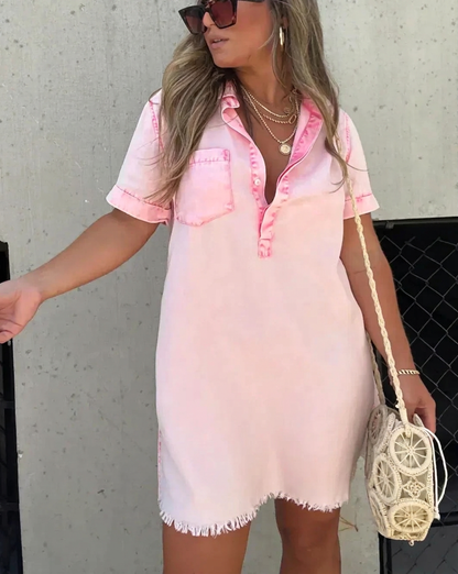 Nadia | Robe Mini à Manches Courtes en Lin avec Col et Boutons