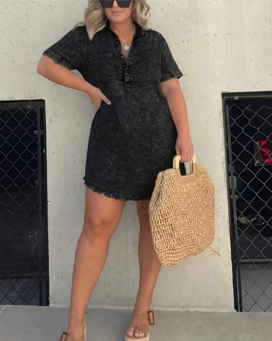 Nadia | Robe Mini à Manches Courtes en Lin avec Col et Boutons